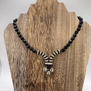 Vintage Black Bead And Clear Rhinestone Necklace Estate Find Unique Elegant